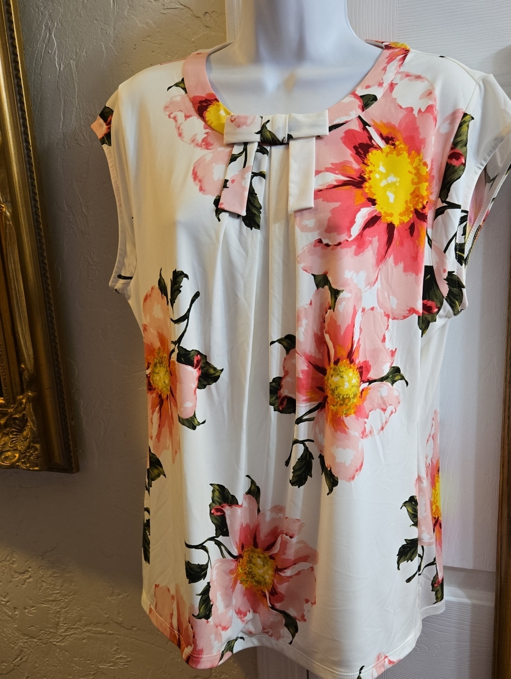 Karl Lagerfeld White Top with Pink and Yellow Floral Bow Neck